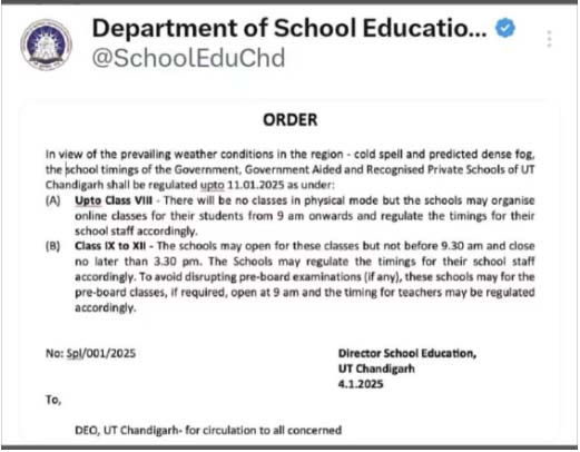 Read more about the article ਚੰਡੀਗੜ੍ਹ ਦੇ ਸਿੱਖਿਆ ਵਿਭਾਗ ਨੇ ਸਕੂਲਾਂ ਦਾ ਸਮਾਂ ਬਦਲਿਆ